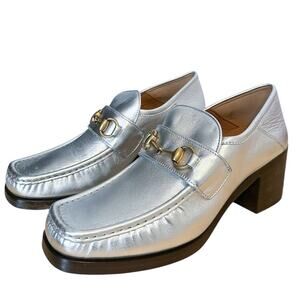 Gucci Vegas Silver Metallic Square Toe Horsebit Block Heel Loafer Pumps EU 40